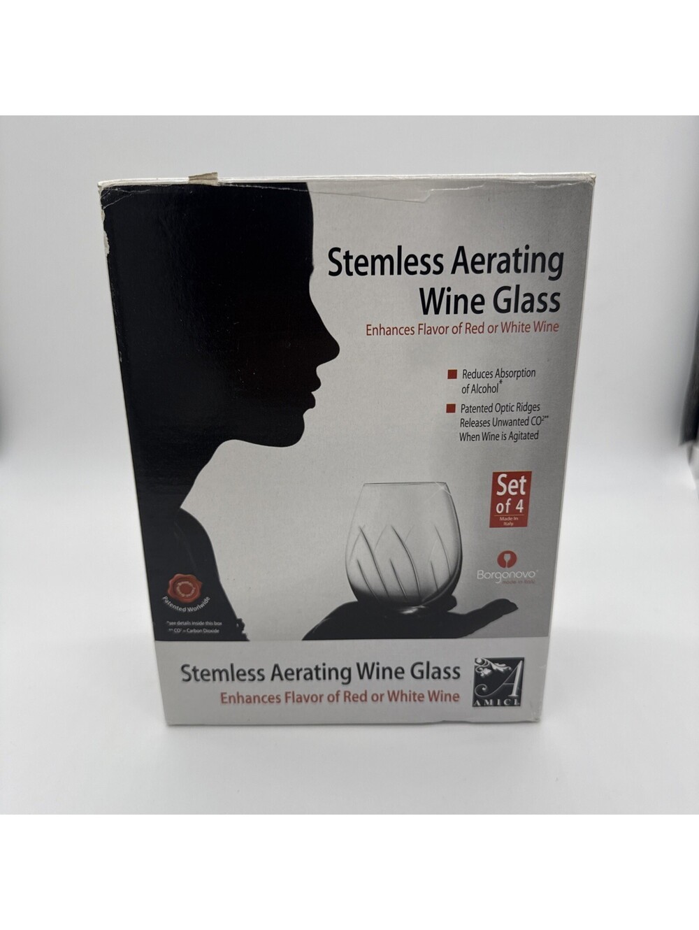 Global Amici Borgonovo Italian Stemless Aerating Wine Glass Set of 4 Open Box